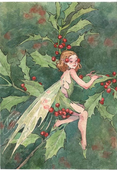 Grace on Instagram: "🌿Holly Fairy🌿 the newest addition to my fairy series and just in time for Christmas! Prints are up in the shop (link in bio) ready to fly out for the Holidays 🍂oh and THANKYOUU guys for all the orders my goodness I’ve been printing and packing the last few days, they’ll be on their way to you soon!🍂 . . #fairyartist #fairyillustration #watercolourartist #traditionalpainting #holidaysale" Scandi Cottagecore, Fairy Whispers, Core Drawing, Fairy Folk, Faery Art, Fairy Christmas, Fairy Drawings, Fairy Illustration, Bel Art