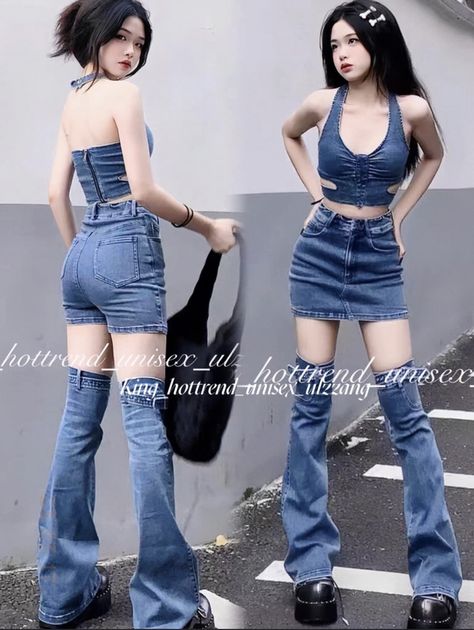 Kpop Denim Outfit, Denim Stage Outfit, Lalala Outfits, Full Denim Outfit, Fashion Dream Job, Outfits Stylish, Preformance Outfits, Classy Casual Outfits, Denim And Lace