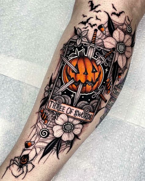 Halloween Sleeve Tattoo, Halloween Sleeve, Cute Halloween Tattoos, Halloween Tattoos Sleeve, 16 Tattoo, Pumpkin Tattoo, Autumn Tattoo, Tarot Tattoo, Ghost Tattoo