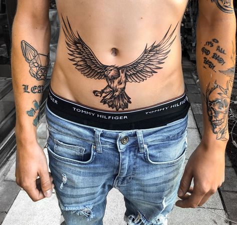 Tattoo Hawk, Mens Stomach Tattoo, Pelvic Tattoos, Abdomen Tattoo, Lower Stomach Tattoos, Ab Tattoo, Hawk Tattoo, Belly Tattoos, Belly Tattoo