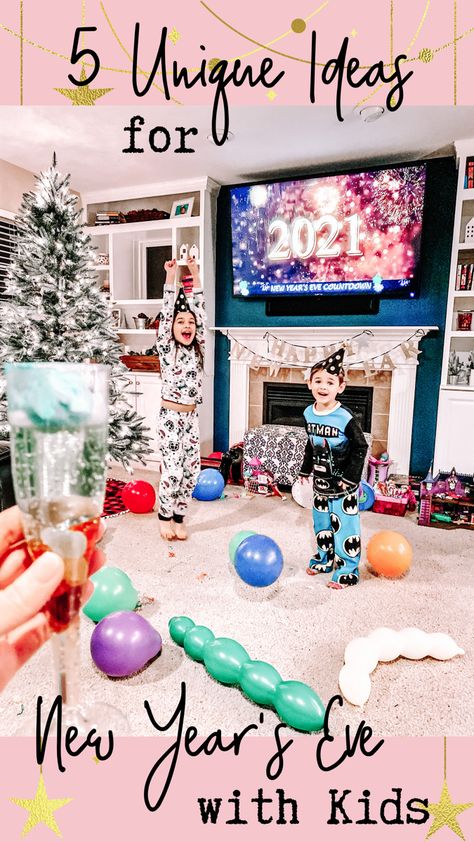 Kids excited to countdown New Year’s Eve while in party hats, playing in balloons Kids Nye Party, New Year’s Eve Party At Home, Diy Balloon Drop, Toddler New Years Eve Party Ideas, Nye Kids, Nye With The Kids, At Home Nye Party Ideas Kids, Kid Friendly Nye Party, New Year’s Eve Party Ideas For Kids