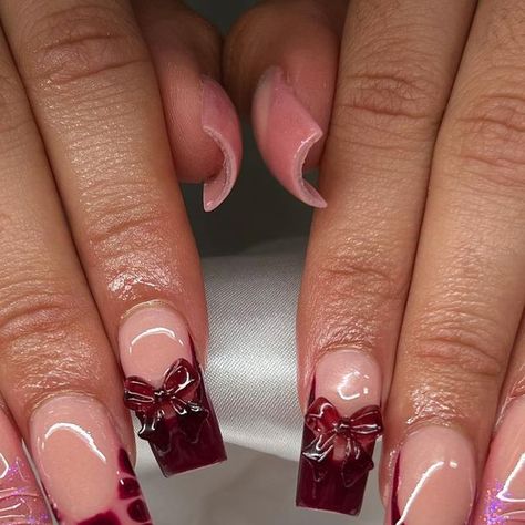 Berry Acrylic Nails, Dark Red Acrylics, Red Coquette Nails, Dark Red Nails Ideas, Character Customization, Coquette Nails, Dark Red Nails, Junior Prom, Square Nail Designs