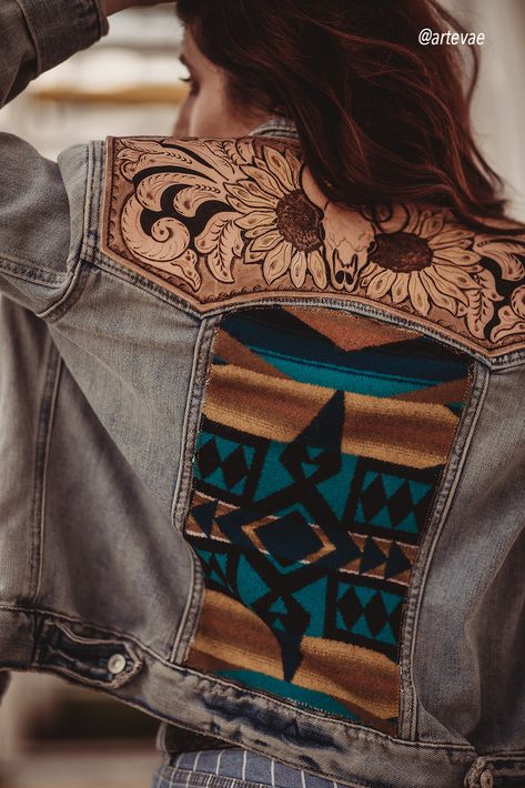 Western Style Jacket, Womens Western Jacket, Leather Denim Jacket, Western Jackets For Women, Country Denim Jacket, Western Clothing For Women, Tooled Leather On Blazer, Diy Western Clothes, Rodeo Jean Jacket