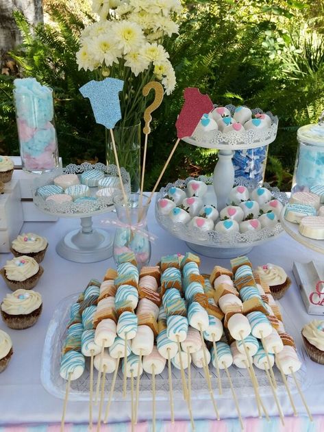 The Cutest Gender Reveal Food Ideas Cotton Candy For Gender Reveal, Gender Reveal Food Table Decor, Simple Gender Reveal Dessert Table, Dessert Table Gender Reveal Ideas, Bear Gender Reveal Dessert Table, Cake Table Gender Reveal, Desserts Gender Reveal, Gender Reveal Party Dessert Table, Table Decor Gender Reveal