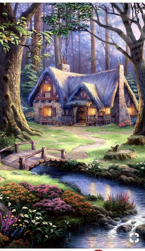 Thomas Kinkade Art, Thomas Kinkade Paintings, Kinkade Paintings, Cottage In The Woods, Cottage Art, Fantasy House, Thomas Kinkade, Fantasy Places, Fantasy Art Landscapes