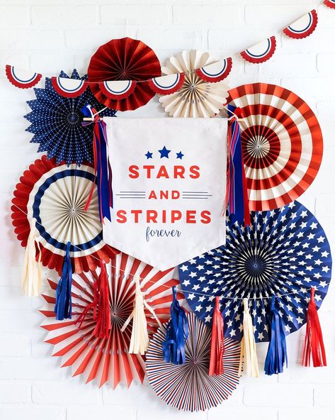 Paper Rosette Backdrop, Patriotic Bunting, Cups And Plates, Americana Crafts, Bbq Ideas, Paper Rosettes, Canvas Banner, Big Balloons, 4th Of July Celebration