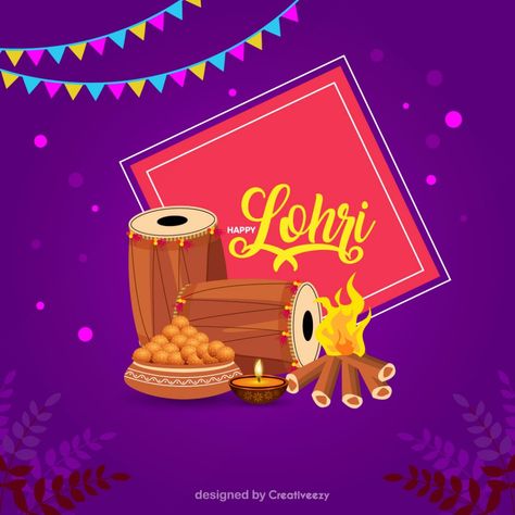 happy-lohri-wishes-with-dhol-fire-and-laddus-vector-illustration-artwork Happy Lohri Wishes, Lohri Wishes, Happy Lohri, Indian Festivals, Purple Backgrounds, Illustration Artwork, Abstract Shapes, Vector Design, Free Photos