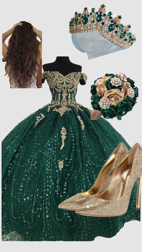 Emerald Green And Gold Quinceanera Dress, Emerald Green Quince Dresses With Gold, Dark Green Quince, Qenseñera Ideas, Quinceanera Chambelanes Outfits, Dress Shuffles, Dark Green Quinceanera Dresses, Quinceanera Chambelanes, Emerald Quince