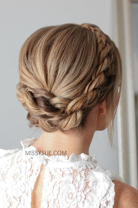 Crown Twist Braid | MISSY SUE Crown Braid With Bun, Crown Braid Bun, Crown Twist Hairstyle, Bridal Twist Updo, Bridal Braid Crown, Twist Crown Hairstyles, Braid Crown Wedding, German Braids Hairstyles, Mountain Marriage