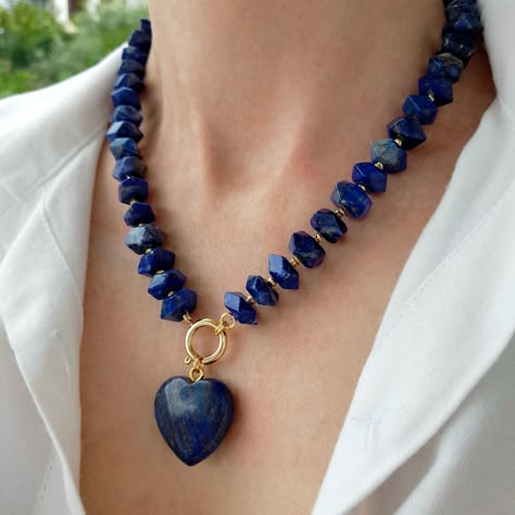 Raw lapis lazuli necklace with heart pendant. Big beaded necklace. Chunky statement gemstone necklace for women. Large handmade necklace with big bead and gemstone. Big bold bohemian bright necklace in gold color are suitable for an casual look, evening look and for a holiday. These necklace will be a good christmas, anniversary, wedding or birthday gift for mom, wife, girlfriend, sister or daughter. Women's necklace with natural stone. It emphasizes the beauty of your neck and adds charm to you Big Stone Jewellery, Make Your Own Jewelry Necklaces, Natural Stone Necklaces Handmade, Chunky Gemstone Necklace, Handmade Elegant Lapis Lazuli Beaded Necklaces, Lapis Lazuli Beaded Necklace With Large Beads For Gift, Luxury Gemstone Beaded Statement Necklace, Lapis Lazuli Gemstone Beads Pendant Necklace, Colorful Lapis Lazuli Bead Necklaces