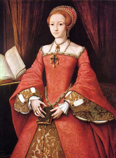 "The Young Elizabeth" (later Queen Elizabeth I), c. 1546   (Hearn, p. 78)   An example of the sleeve head appearing to be attached directly to the bodice armscye & of the false undersleeve material matching the underskirt. The pointed waist & apparent absence of a center seam make it difficult to imagine this gown would have a front closure, hidden or otherwise. Anna Boleyn, Ratu Elizabeth, Elizabeth 1, Elizabeth Bathory, Tudor England, Tudor Dynasty, Royal Collection Trust, Tudor Era, King Henry Viii