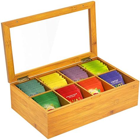 Bamboo Tea Bag Organizer Storage Box Wood Tea Chest with 8 Adjustable Divided Compartments Clear Display Lid Holds Standing or Flat Tea Bags, Coffee, Sugar for Home, Kitchen, Restaurant by Pipishell Tee Organisation, Window Magnets, Tea Inspiration, Tea Box Storage, Tea Organization, Wooden Tea Box, Tea Bag Organizer, Tea Chest, Bamboo Tea