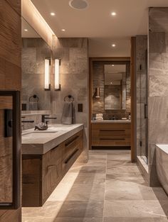 Resort Style Master Bath, Master Bathrooms Cabinets, Zen Modern Bathroom, Luxurious Home Interior, One Tile Bathroom Ideas, Stone Spa Bathroom, New Texture Design, New Construction Bathroom Ideas, Bathroom Tile With Wood Vanity