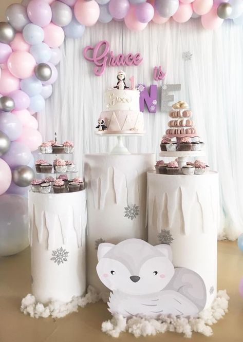 January Birthday Party Ideas, Purple Monochromatic, Penguin Birthday Party, Winter Wonderland Birthday Party, Candy Theme Birthday Party, Winter Onederland Birthday Party, Pedestal Tables, Penguin Birthday, Onederland Birthday Party