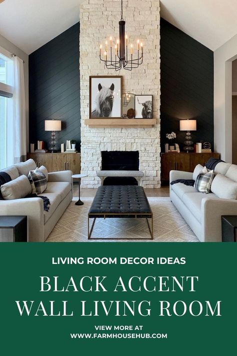 e love the character that this black accent wall brings to this modern farmhouse living room. Built from shiplap painted in Iron Ore from Sherwin Williams this accent wall draws attention to the angles and the height of the beautiful vaulted ceiling. The dark tones of the wall blend in seamlessly with the natural stone of the fireplace and the dark wood cabinets. The tufted leather coffee table brings luxury to this living space and the brass metal frame a contemporary aesthetics. Moody House Interiors, Black Accent Wall Living Room, Black Accent Wall, White Brick Fireplace, Vaulted Ceiling Living Room, Black Accent Walls, Wall Living Room, Modern Farmhouse Living, Home Office Inspiration