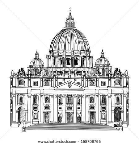 St. Peter's Cathedral, Rome, Italy. Hand drawn vector illustration isolated on white background. Saint Pietro Basilica.  - stock vector St Peters Basilica Drawing Perspective, St Peter's Basilica Sketch, Neoclassical Architecture Sketch, St Peters Cathedral, Rome Architecture, Architecture Antique, Fineliner Art, Architecture Drawing Sketchbooks, Building Sketch