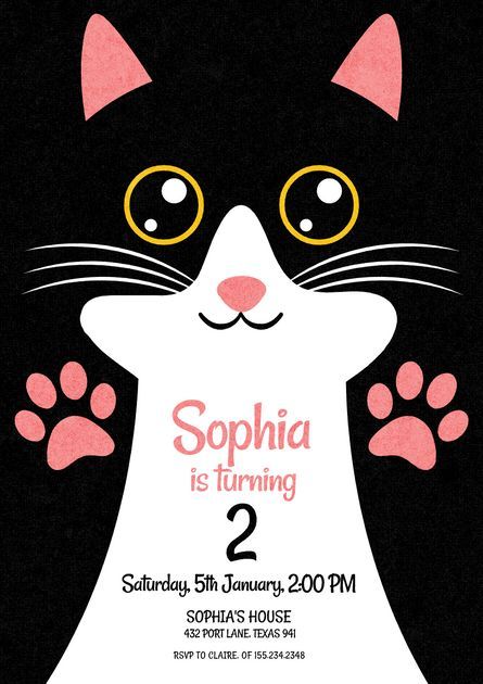 Cat Birthday Invitations Free Printable, Party Invitation Card Design, Cat Birthday Party Invitations, Cat Birthday Invitations, Birthday Card Designs, Birthday Party Invitation Card, Cat Invitations, Cat Template, Cute Cat Design