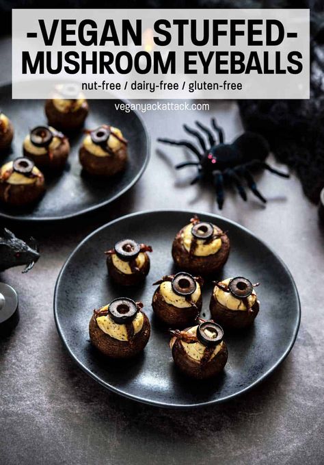 Food Ideas For Halloween, Vegan Halloween Recipes, Scary Treats, Halloween Dinners, Themed Nights, Vegan Stuffed Mushrooms, Vegan Halloween Food, Finger Food Ideas, Halloween Appetizers Easy