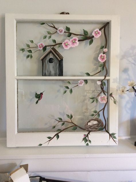 Window Frame Painting Ideas, Painting On Windows Ideas, Painted Windows Ideas, Painted Old Windows, Decoupage Windows Ideas, Painting On Windows, Old Window Painting Ideas, Spring Window Painting Ideas, Painted Windows