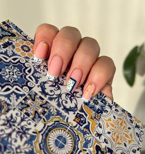 Tianails on Instagram: "Positano 🍋💙🤍 Themed nails for my best friends Bridal Shower 🥰 Inspo from the invitation & Pinterest . #naturalnails #buildergelnails #positano #positanonails #bridalshowernails #themenails #canberranails #nails #nailart #naildesign #frenchtipnails #blueandwhitenails #squarenails #tilenails #lemonnailart #tilenailart #summernails" Positano Inspired Nails, Italy Nails 2023, Italy Nail Inspiration, Spanish Theme Nails, Italian Themed Nails, Italy Themed Nails, Positano Nails, Mediterranean Nail Designs, Sicily Nails