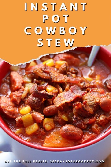 Instant Pot Cowboy Stew--a hearty stew with smoked sausage, ground beef, bacon, corn and beans. You can make this in the Instant Pot or the slow cooker. Corn And Beans, Gluten Free Instant Pot Recipes, Cowboy Stew, Bacon Corn, Hearty Stew, Beef Bacon, Best Soup Recipes, Best Instant Pot Recipe, Instant Pot Soup