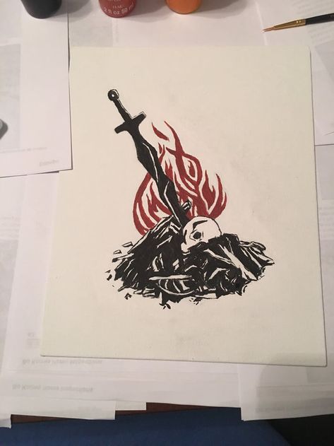 Bonfire for my Boyfriend (Dark Souls themed Christmas gift) Drawing Ideas Dark, Souls Tattoo, Dark Souls Tattoo, Gamer Tattoos, Soul Tattoo, Demon Souls, Fire Tattoo, Dark Souls 3, Dark Souls Art