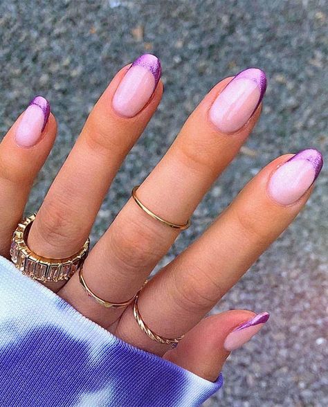 purple chrome tips, shimmery purple tip nails, glitter purple tip nails, french tip nails design, french tip nails French Manicure With Color, Purple Chrome Nails, Chrome Tips, Purple Chrome, Purple French, Purple Tips, Soft Nails, Manicure Y Pedicure, Minimalist Nails