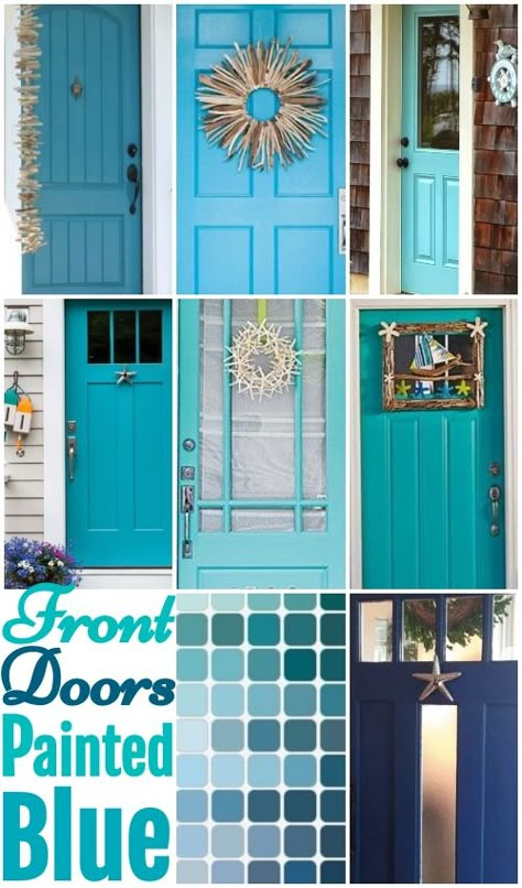 Paint your front door blue for coastal appeal. Blue paint ideas for the front door featured on Completely Coastal. Then add some coastal decorations to your blue painted front door! Beach Blue Front Door, Shed Door Color Ideas, Turquoise Doors Front Entrance, Teal Blue Front Door, Turquoise Doors On Houses, Exterior Door Paint Ideas, Beach House Front Door Colors, Turquoise Front Door Colors, Coastal Front Door Colors