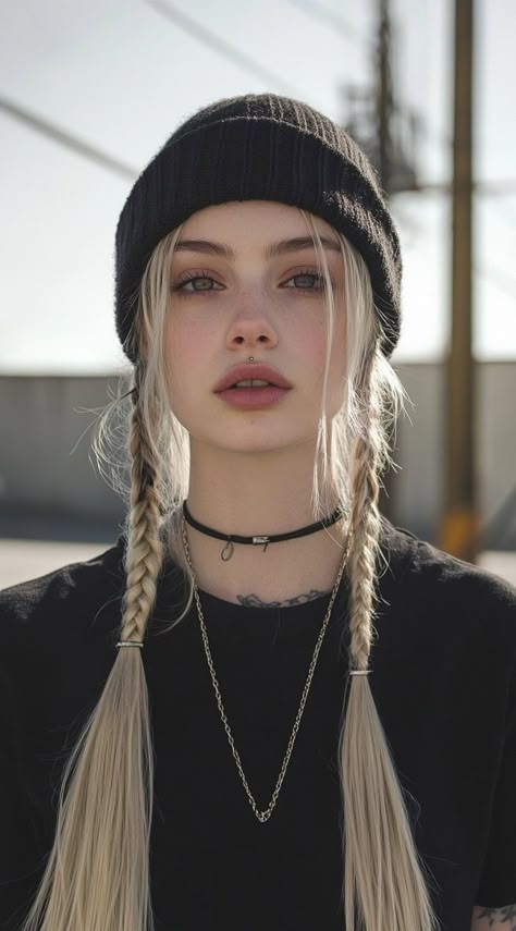 Mastering Beanie Hairstyles: 25 Simple and Stylish Ideas for Effortless Hair Days Emo Beanie Outfits, Braids With A Beanie, Cool Hairstyles Long Hair, Cute Hairstyles To Wear With A Hat, Bangs With Hat, Long Hair Art Reference, How To Style A Beanie, Beanie Reference, Hairstyles With A Hat