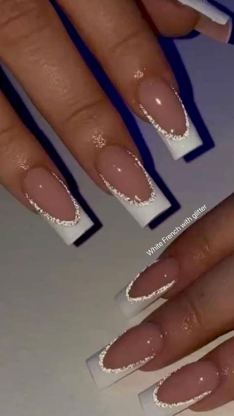 French White Sparkle Nails, Long French Tip Nails With Glitter, Glitter Line French Tip, French Nails With Sparkle Line, White French With Glitter Line, French Tip With Silver Glitter Line, Sparkles French Tip Nails, Glitter Lined French Tips, White French Tip With Glitter Line