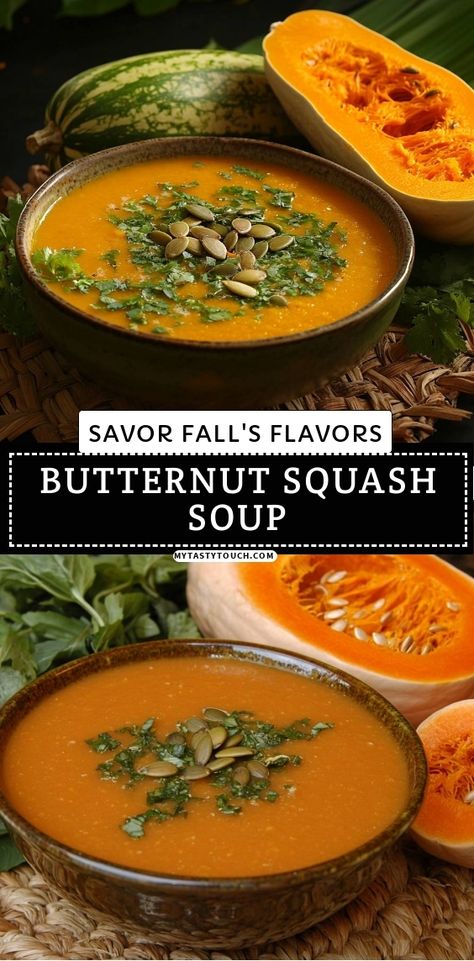 This cozy butternut squash soup is the perfect way to embrace fall flavors. With its vibrant color and creamy texture, it's not only delicious but also a treat for the eyes! Topped with fresh herbs and crunchy pumpkin seeds, it's a warming dish that I love to whip up during chilly evenings. Join me in savoring every spoonful of this comforting recipe! Butternut Squash And Parsnip Soup, Butternut Soup Recipes, Buttercup Squash Soup Recipe, Benefits Of Butternut Squash, Squash Soup Butternut, Squash Soup Recipes, Butternut Squash Benefits, Best Butternut Squash Soup, Winter Squash Soup