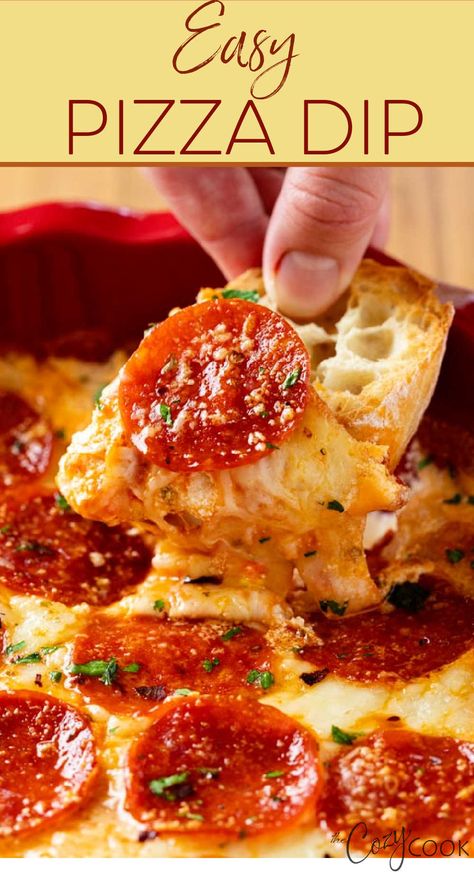 pizza dip with a piece of bread Easy Pizza Dip, Fun Party Food, Oven Baked Pizza, Pizza Dip Recipes, Pepperoni And Cheese, Pizza Dip, Dip Recipes Easy, Homemade Marinara, Recipes Appetizers And Snacks