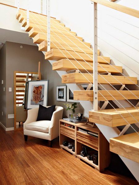 I'm not thinking a reading nook per sé,  but something other than a bookcase area.... several thoughts, photos will have to be posted soon.... :) Under Stairs Storage Solutions, Space Under Stairs, تحت الدرج, Open Trap, Open Stairs, Staircase Storage, Open Staircase, Floating Stairs, Stair Decor