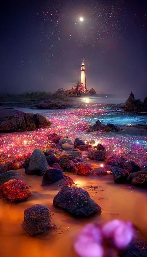 Glowing Beach Wallpaper, Mystical Wallpaper Iphone, Magical Lighthouse, Glowing Beaches, Gorgeous Wallpaper Iphone, Glow Beach, Glowing Beach, Lighthouse Wallpaper, Fantasy Beach