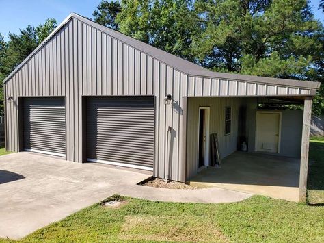 Small Garage Shop Ideas, Diy Work Shop Buildings, Charcoal Gray Metal Shop, Metal Buildings Workshop, Metal Garage With Carport, 30 X 40 Garage Plans, Metal Shops Garage, Backyard Shop Buildings, Metal Building Shop Ideas