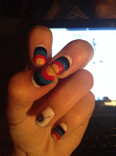 Archery manicure!  Credit- S.Haywood #archery #manicure #archernails #targets #nailart #katniss Archery Nails, Gel Mani Ideas, Archery Aesthetic, Uñas Cute, Mani Ideas, Gel Mani, The Archer, Archery, Nails Design