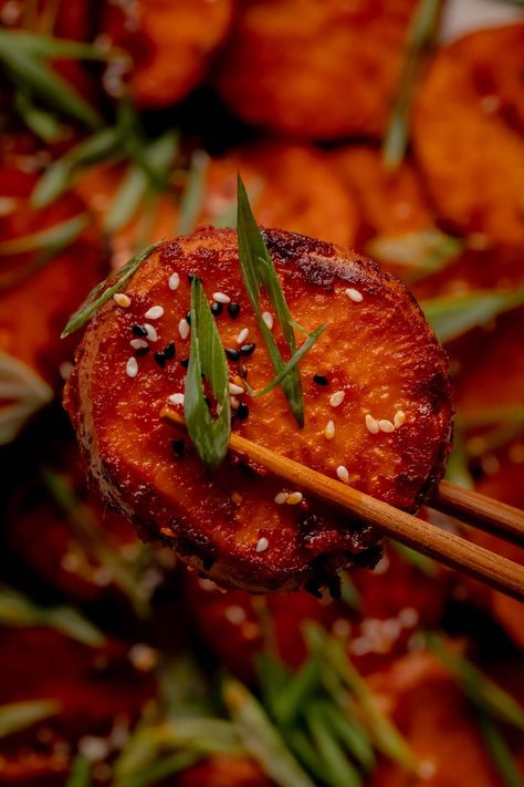 Asian American Recipes, Gourmet Sweet Potato Recipes, Miso Glazed Sweet Potato, Gochujang Sweet Potato, Fall Asian Recipes, Sweet Potato Asian Recipes, Korean Yam Recipes, Yam Side Dish Recipes, Asian Thanksgiving Recipes