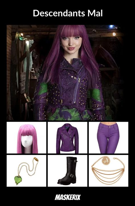 Mal Decendents Costumes, Diy Mal Costume Descendants, Descendants Costumes Diy, Descendants Halloween Costumes, Mal Descendants Outfit, Decendents Costumes, Mal Costume Descendants, Descendants Outfit Ideas, Mal Halloween Costume