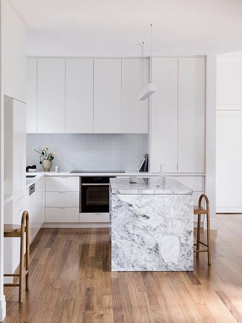 Marble Benchtop Kitchen, Stone Benchtop Kitchen, Marble Benchtop, Stone Benchtop, Stone Kitchen, Marble Surface, Kitchen Benches, White Cabinetry, Apartment Kitchen