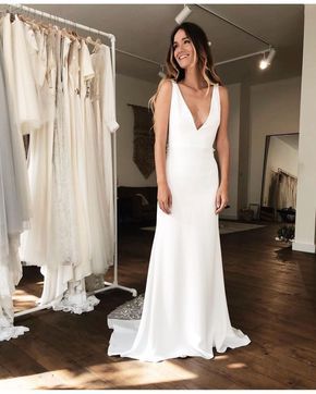 ALEXANDRA GRECCO on Instagram: “STEVIE stealing 💕 At select (most) retailers...thanks @wildatheartbridal for the photos #AGxWildHoney #bride #weddingdress Swipe to see the…” Backless Mermaid Wedding Dresses, Wedding Dresses With Lace, Simple Satin, Sweep Train Wedding Dress, Chapel Train Wedding Dress, Dresses With Lace, Alexandra Grecco, Wedding Dresses 2020, Wedding Dress Train