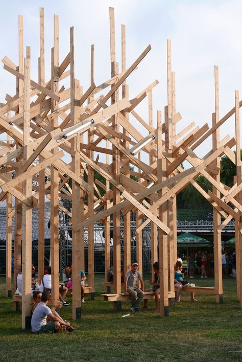 Gallery - Atelier YokYok Creates Wood Forest Installation in Budapest - 3 Forest Installation, Temporary Architecture, Wood Forest, Timber Architecture, Bamboo Structure, Wood Architecture, Timber Structure, Urban Furniture, Timber Construction