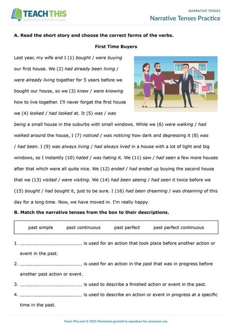 ESL Narrative Tenses Worksheet - Reading and Writing Exercises - Intermediate (B1) - 30 minutes In this free narrative tenses worksheet, students learn four narrative tenses and how to use them to tell stories. Tenses Worksheet, Grammar Activities Worksheets, Tenses Exercises, English Grammar Exercises, Narrative Story, Grammar Exercises, English Language Learning Grammar, Complex Sentences, English Test