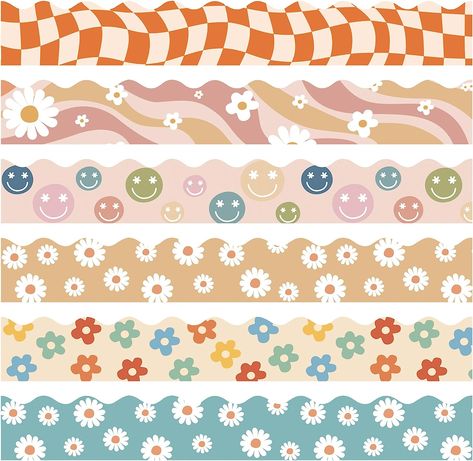 Each piece of border is 13.78 × 2.36 inches, with a total length of 89.6 feet. Boho Bulletin Board, Retro Classroom, Elementary Classroom Themes, Classroom Bulletin Board, School Board Decoration, Bulletin Board Borders, Inclusion Classroom, Class Theme, Groovy 70s