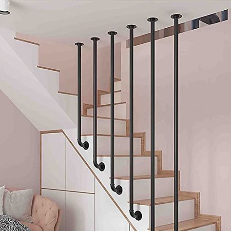 Stairway Railing Ideas, Stairs Industrial, Dream House Basement, Handrail For Stairs, Industrial Handrail, Black Staircase, Pipe Railing, Small Staircase, Stair Rails