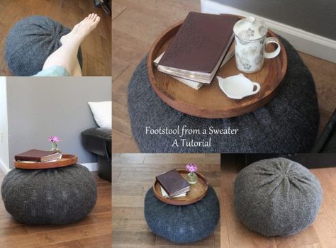 Footstool From a Sweater – Bethsco Footstool Ideas, Furniture Refurbishing, Pillows Diy, Sweater Tutorial, Pouf Footstool, Recycled Clothes, Upholstery Ideas, Sweater Pillow, Diy Sweater