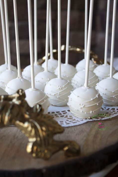 Small Wedding Cake With Cake Pops, Diy Wedding Treats, Wedding Themed Desserts, White Theme Dessert Table, Sweet Treats Wedding Table, Cake Balls Display Ideas, White Bridal Shower Desserts, Cake Pop Dessert Table, Cake Pop For Wedding