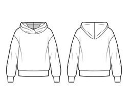 Oversized cotton-fleece hoodie technical fashion illustration with relaxed fit, long sleeves. Flat outwear jumper apparel template front, back white color. Women, men, unisex sweatshirt top CAD mockup Hoodie Icon, Flat Sketch Template, Hoodie Vector, Hoodie Front And Back, Back Template, Hoodie Template, Fashion Flat Sketch, Sketch Template, Clothing Templates