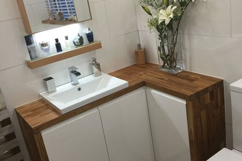 Worktop Ideas, Walnut Worktop, Oak Worktops, Wooden Worktops, Wood Worktop, Laminate Worktop, Traditional Bathrooms, Gold Bathroom Accessories, Natural Bathroom