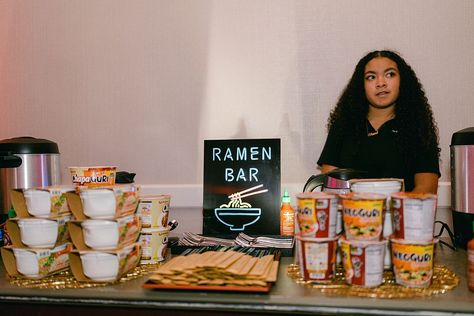 An Omni Orlando Reception Around The World in Four HoursSubscribe for Updates from KWP. | Photography by Instant Ramen Bar Wedding, Ramen Bar At Wedding, Ramen Bar Wedding, Ramen Noodle Bar Party, Ramen Bar Aesthetic, Sushi Bar Wedding Receptions, Boba Bar, Film Cake, Ramen Bar