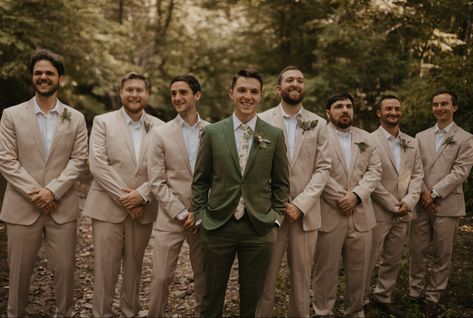 Groom In Green Groomsmen In Tan, Brown Suit Groom And Groomsmen, Earth Tone Groom Attire, Green And Tan Groomsmen, Tan And Green Wedding Party, Groomsmen Attire Olive Green, Sage Green Wedding Party Groomsmen, Sage Groomsmen Attire, Green And Tan Wedding